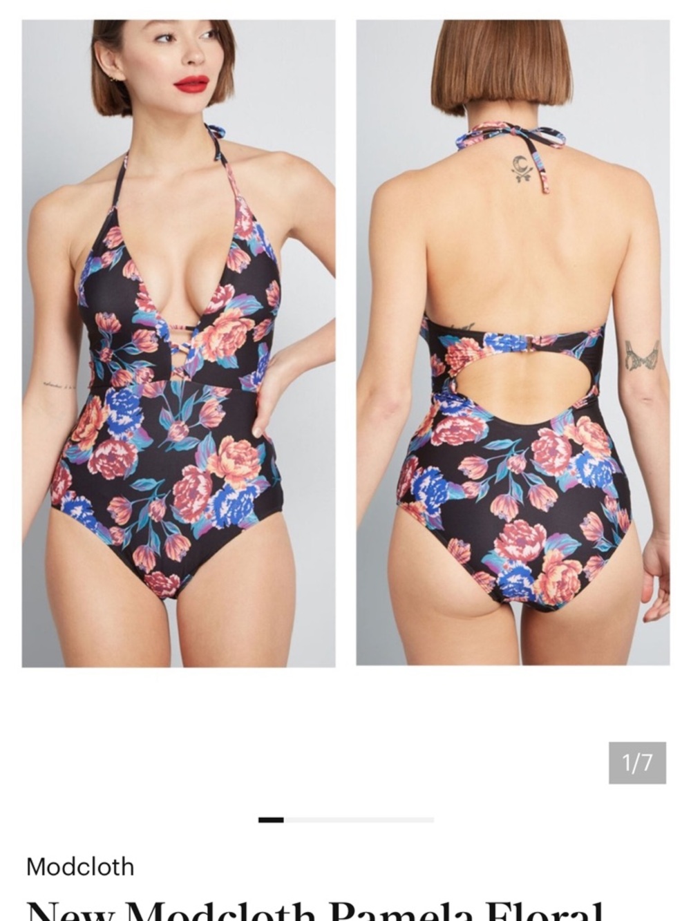 Black Floral One-Piece Swimsuit with Deep V and Cutout
